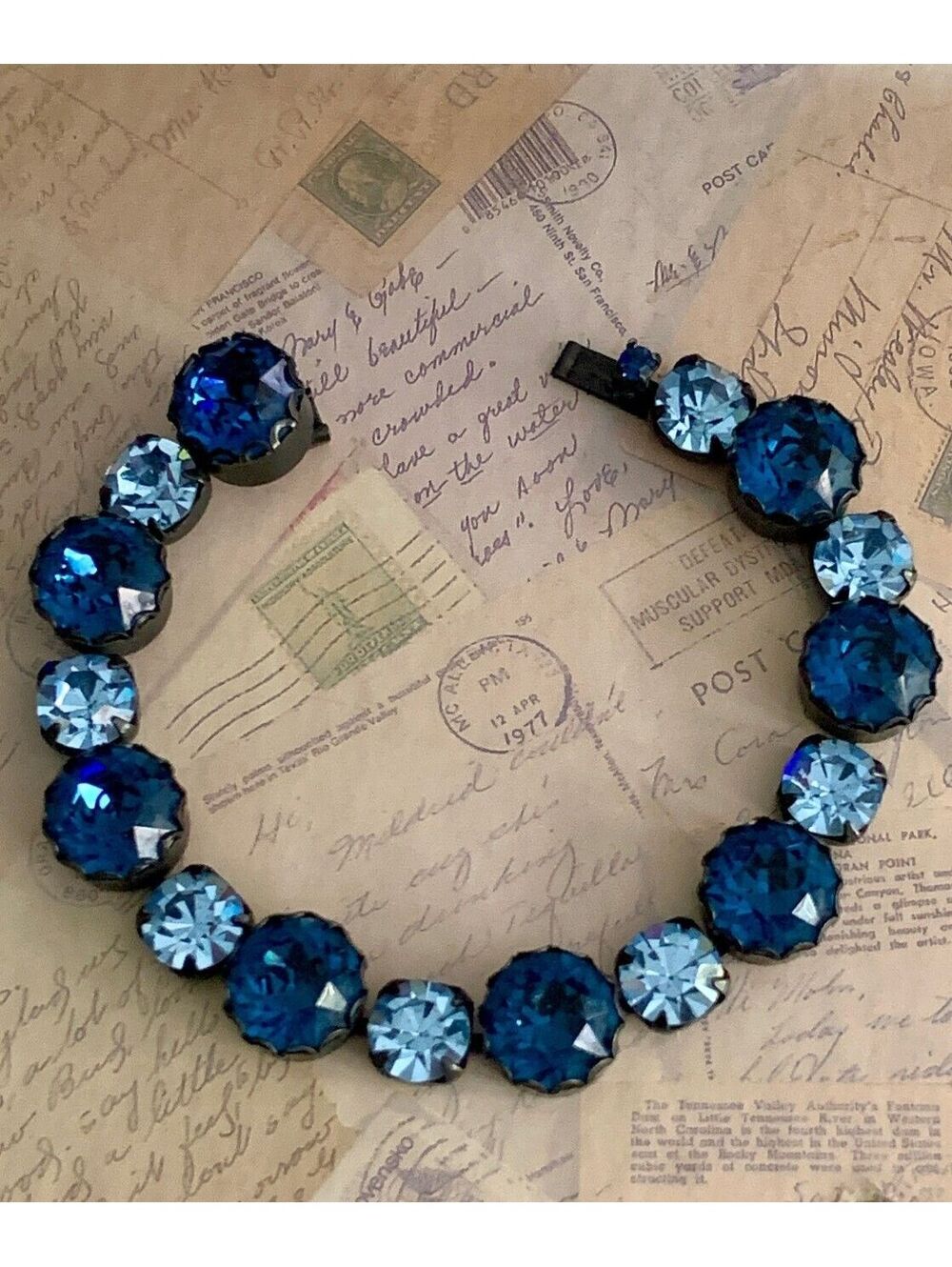 Vintage Blue High Quality Rhinestone Tennis Bracelet Gunmetal Setting Crystals